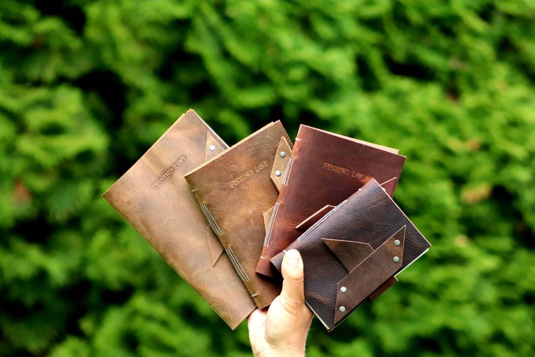 Leather Fishing Journal, Rustic Fisherman Log Book, Fathers Day Gift, Sewn Bound Full Grain Leather, Personalized Gift for Dad or Anglers