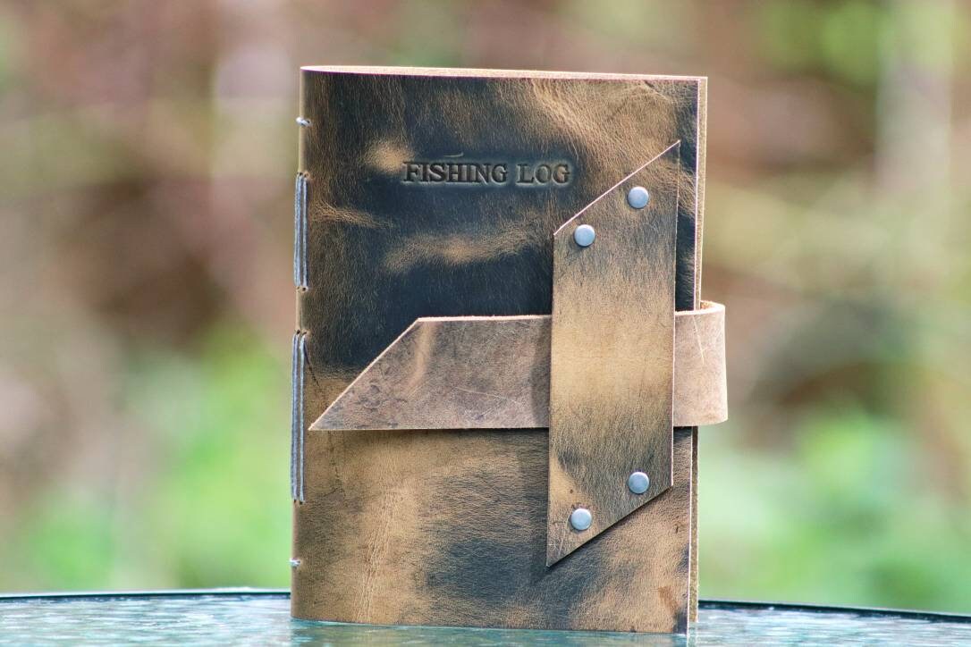 Leather Fishing Journal, Rustic Fisherman Log Book, Fathers Day Gift, Sewn Bound Full Grain Leather, Personalized Gift for Dad or Anglers
