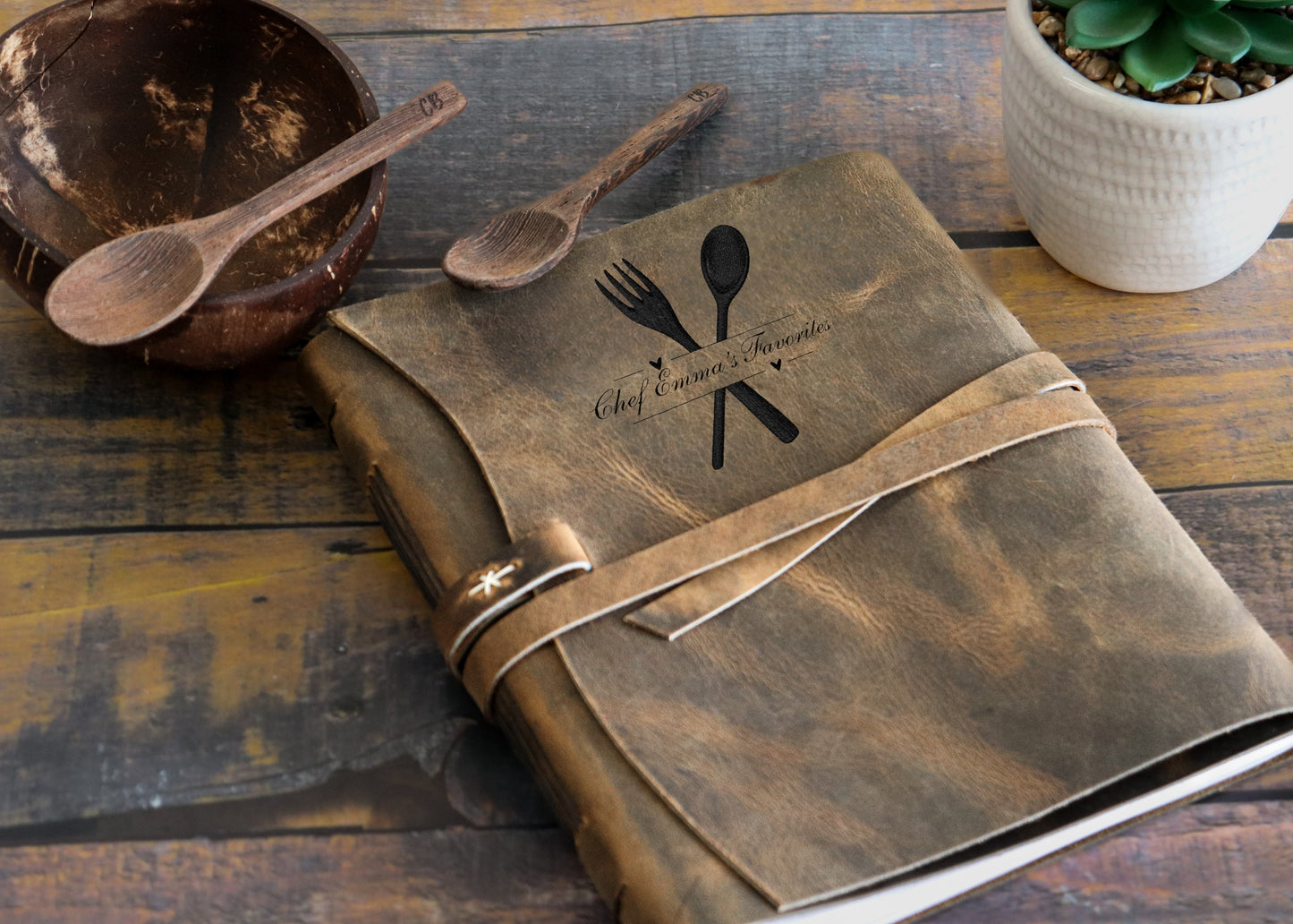 Engraved Leather Family Heirloom Recipe Journal, Sewn Bound in Full Grain Leather