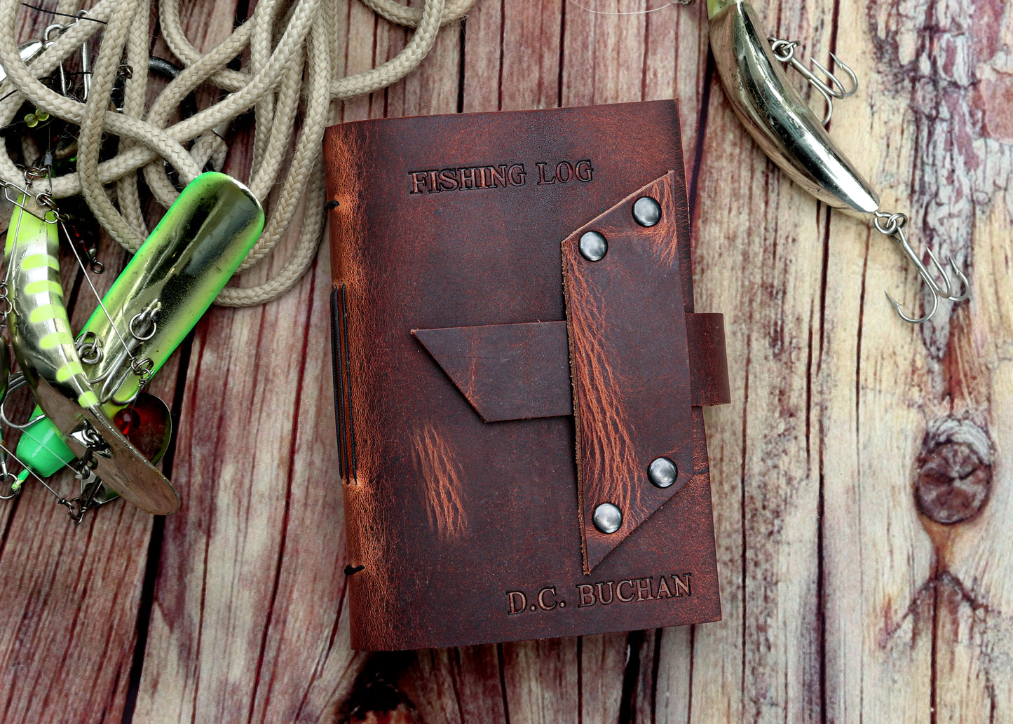 Leather Fishing Journal, Rustic Fisherman Log Book, Fathers Day Gift, Sewn Bound Full Grain Leather, Personalized Gift for Dad or Anglers