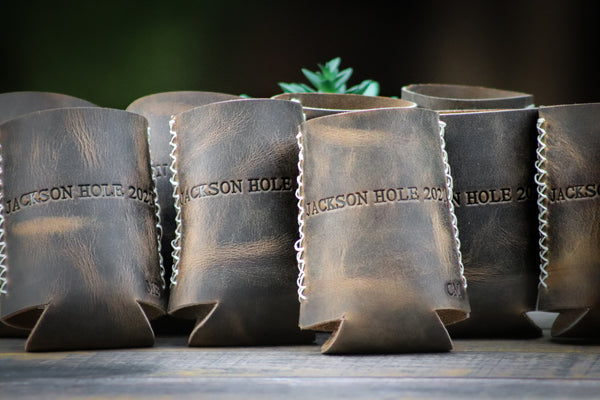 Hand stitched brown leather beer holder