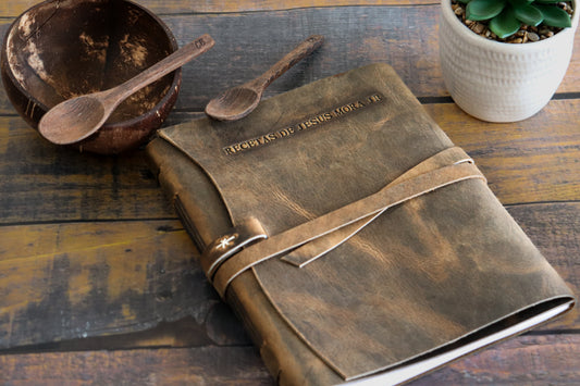 Rustic brown leather recipe journal with strap