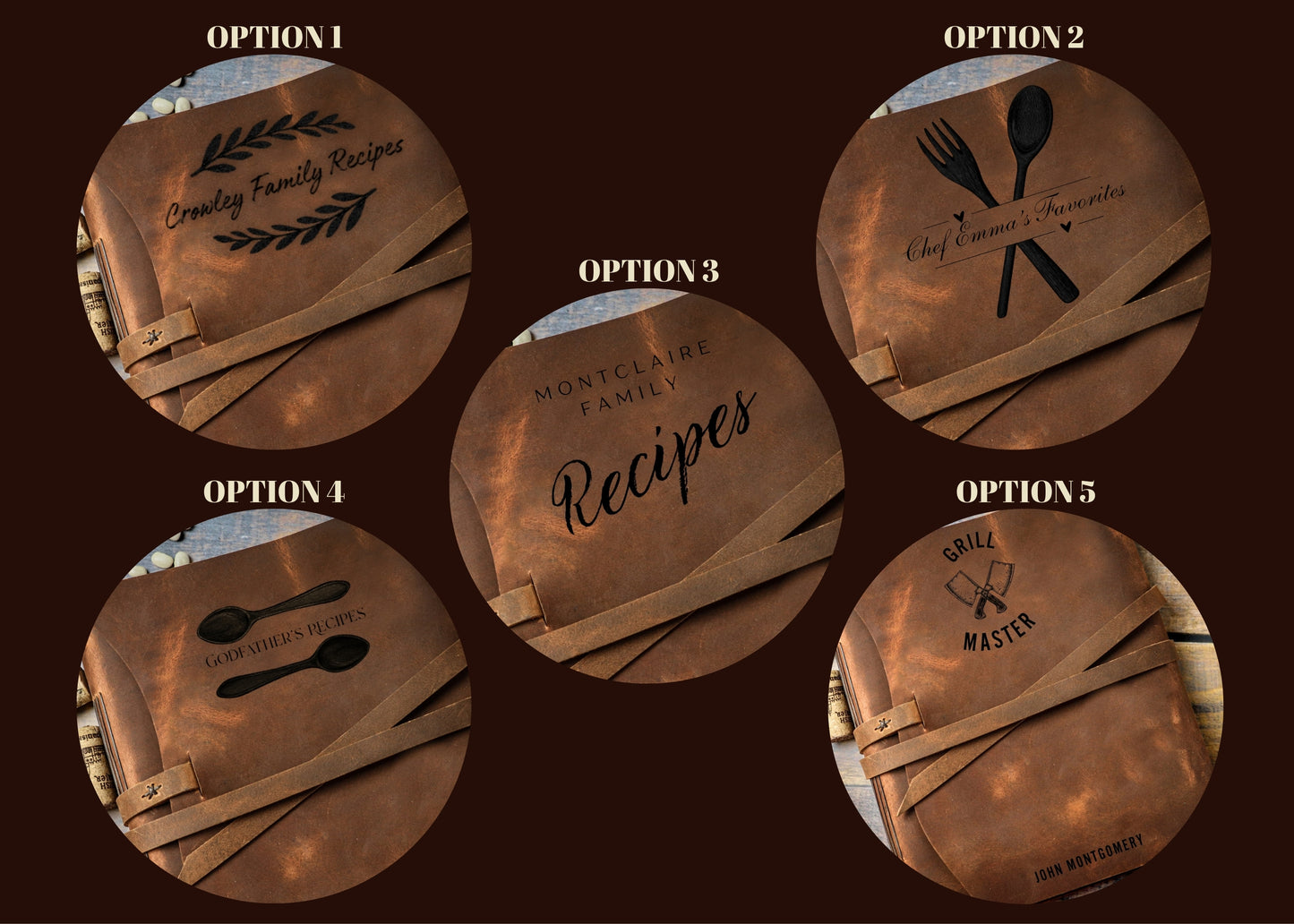 Engraved Leather Family Heirloom Recipe Journal, Sewn Bound in Full Grain Leather