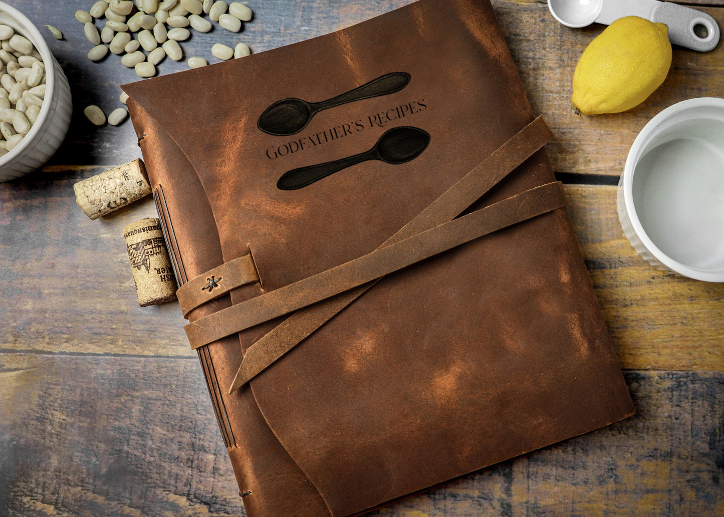 Engraved Leather Family Heirloom Recipe Journal, Sewn Bound in Full Grain Leather