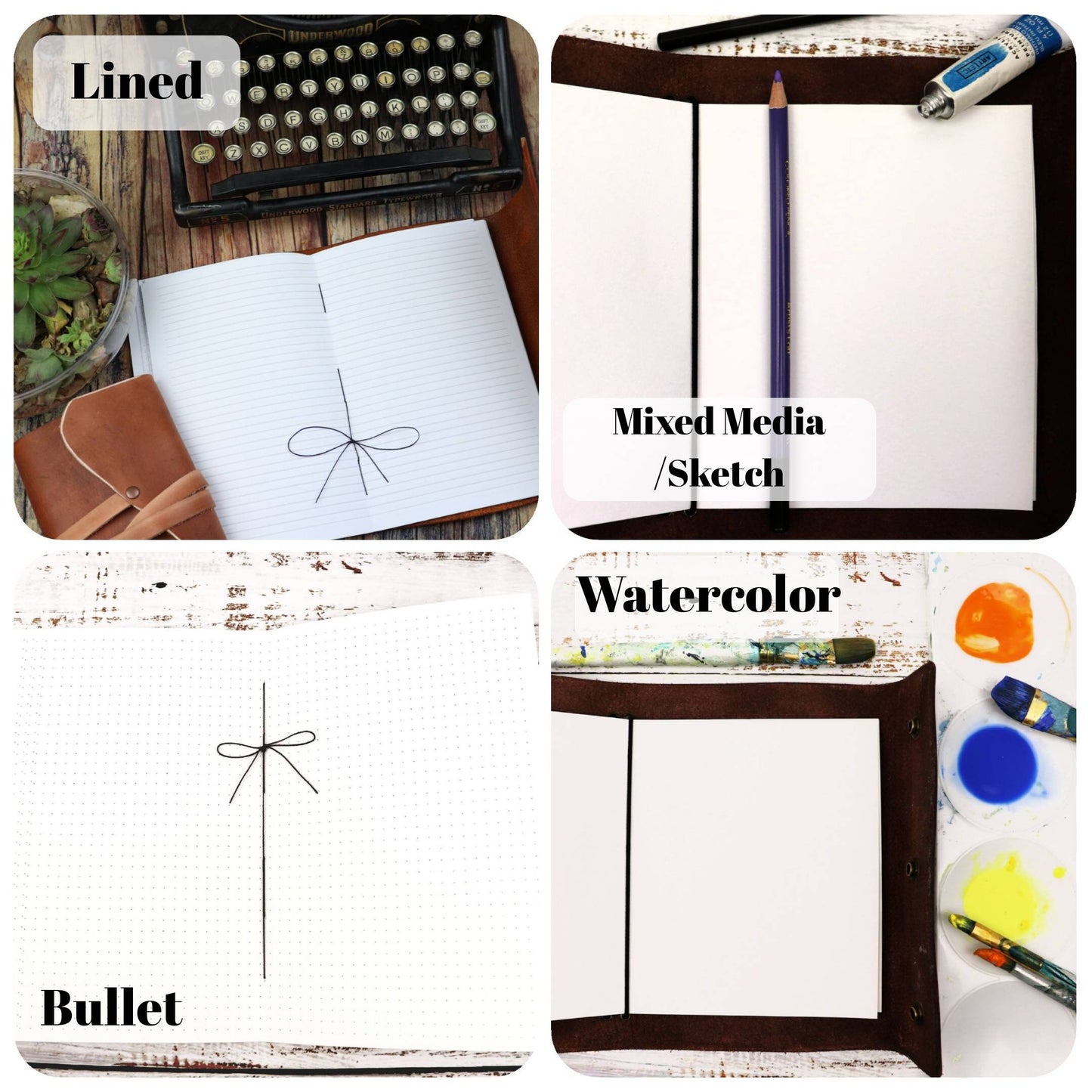 4 PACK Paper Booklets for Refillable Hank Belle Journals or Standalone; High Quality Mixed Media, Watercolor, Lined, Bullet Paper