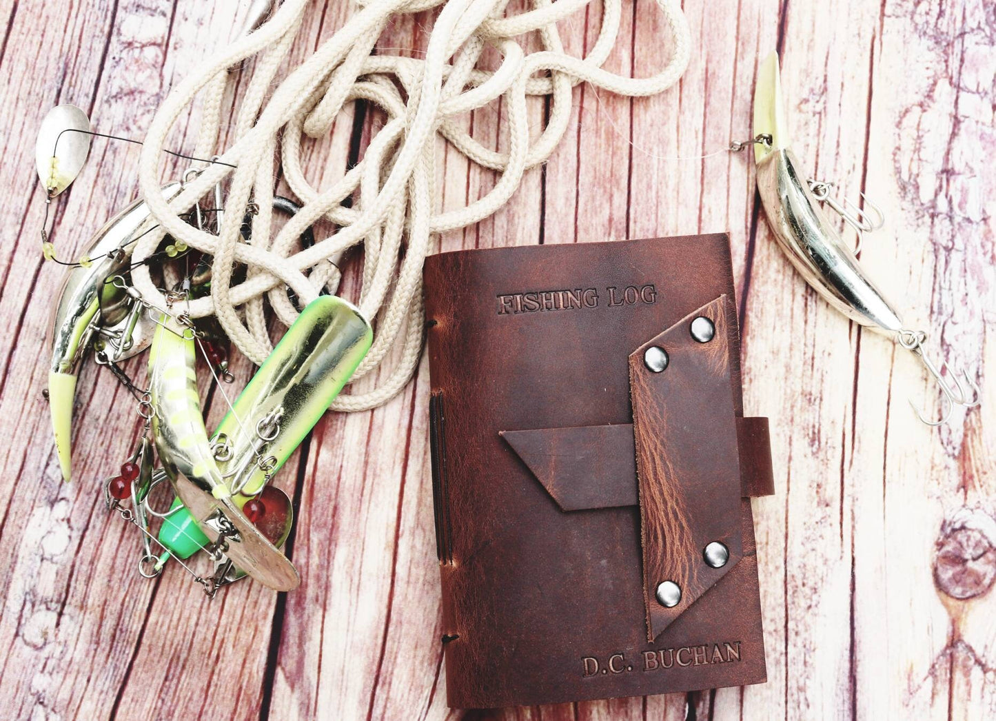 Leather Fishing Journal, Rustic Fisherman Log Book, Fathers Day Gift, Sewn Bound Full Grain Leather, Personalized Gift for Dad or Anglers