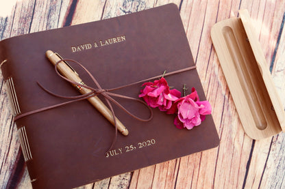 Personalized Wedding and Event Guest Book, Full Grain Leather Bound Journal, Rustic Wedding Keepsake Gift, Premium Photo Scrapbook Guest Log